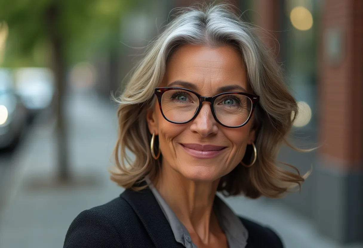 femme quinquagénaire lunettes cheveuxdense